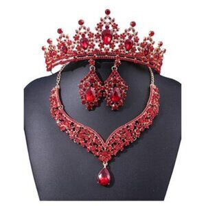 3 PCS Red Necklace Set Crystal Rhinestone Statement Wedding Bridal Prom Jewelry